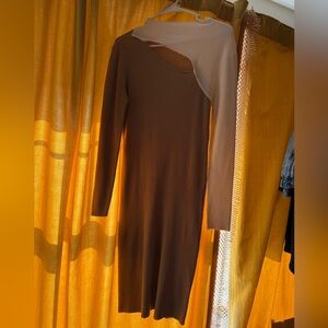 No Boundaries Two-Tone Ribbed Long Sleeve Midi Dress - Brown & Cream